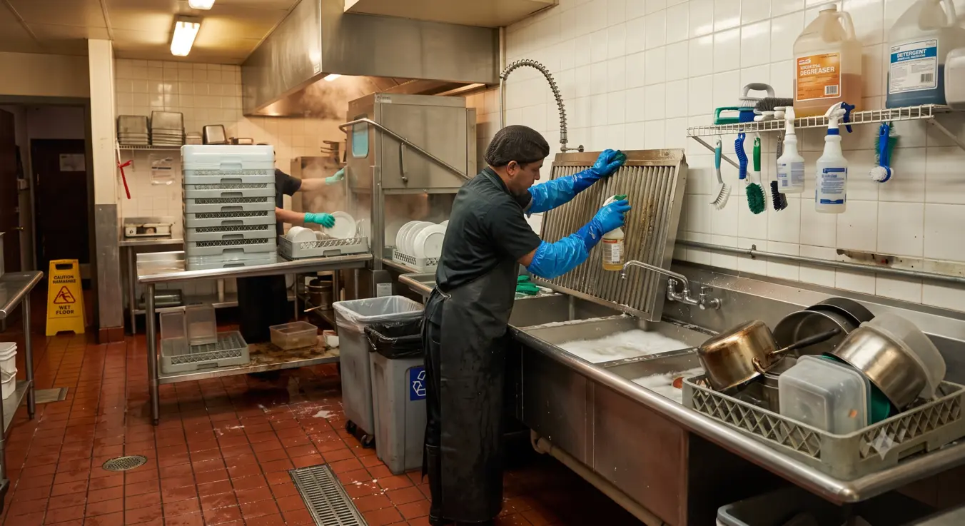 Deep cleaning commercial kitchen dish pits professionally